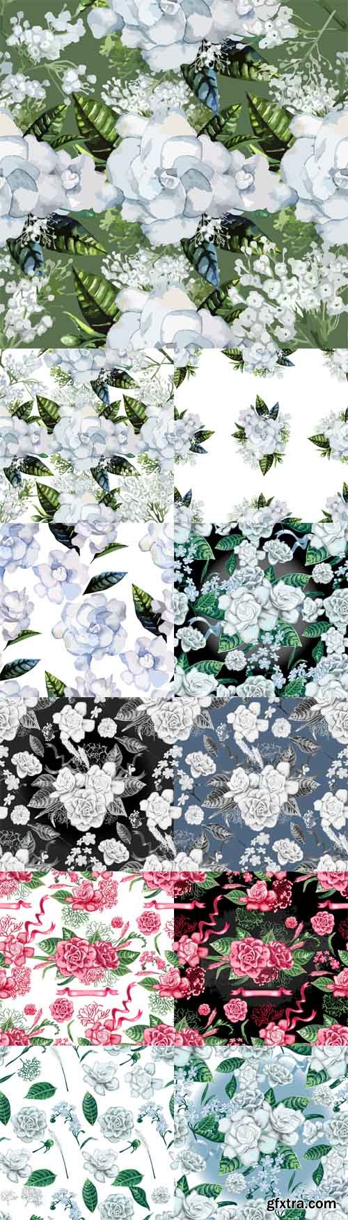 Vector Set - Watercolor Gardenia and Gypsophila Patterns Vector Set - Watercolor Gardenia and Gypsophila Patterns