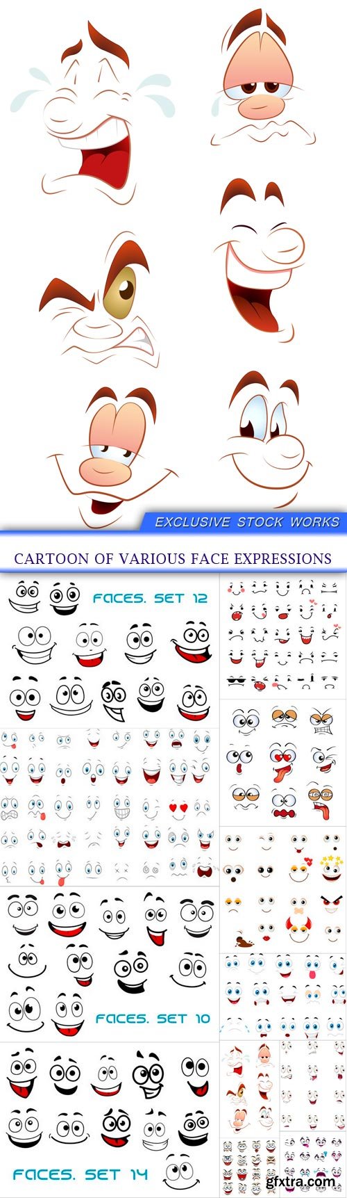 Cartoon of various face expressions 12X EPS