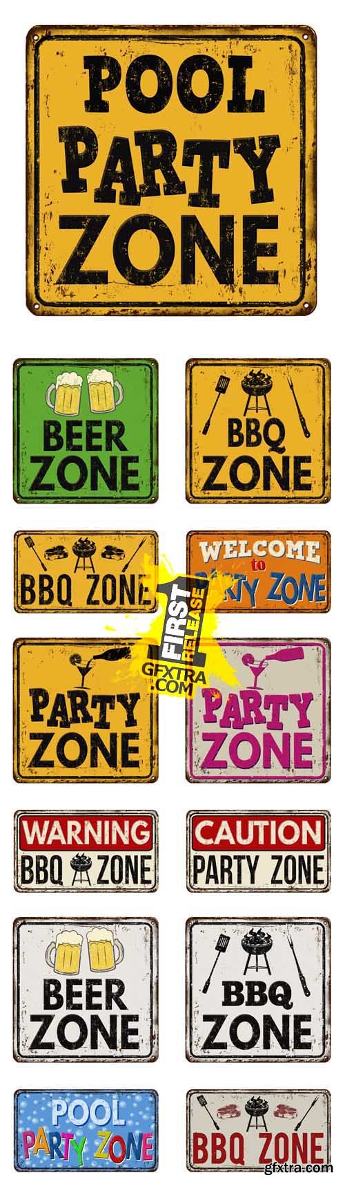 Vector Set - Party and BBQ Zone Vintage Rusty Metal Signs Vector Set - Party and BBQ Zone Vintage Rusty Metal Signs