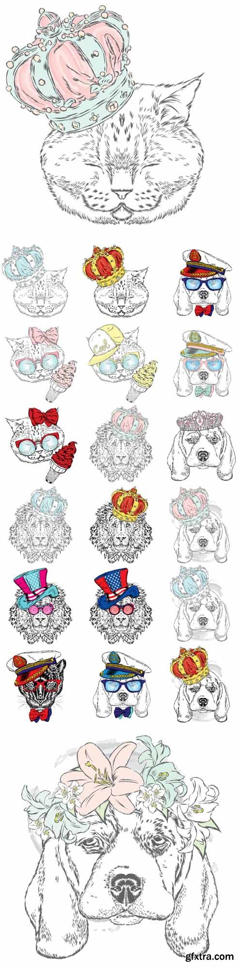 Vector Set - Cute Drawn Illustrations Cat, Dog, Lion for Print Vector Set - Cute Drawn Illustrations Cat, Dog, Lion for Print