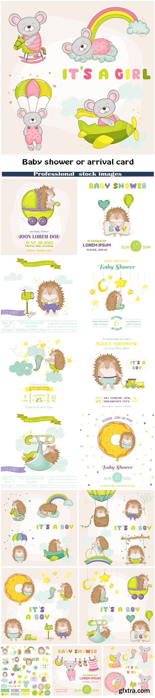 Baby shower or arrival card - Baby hedgehog and baby mouse