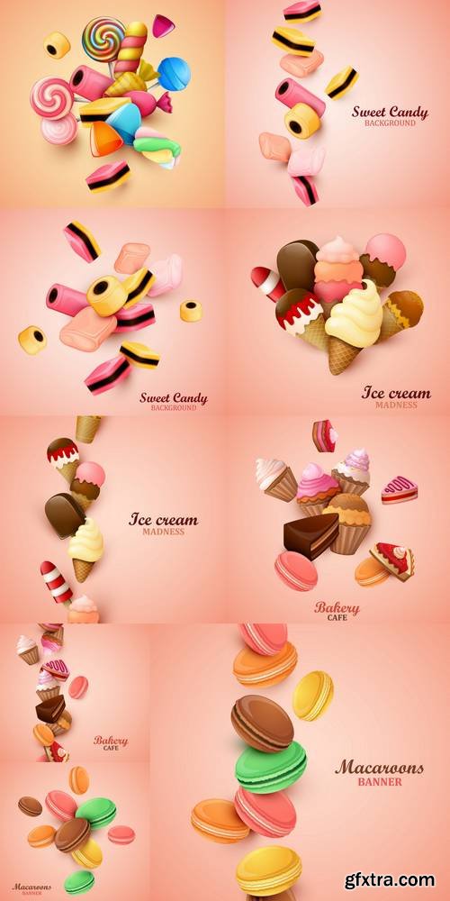 Abstract Background with Candies, Ice Cream, Cupcakes and Macaroons