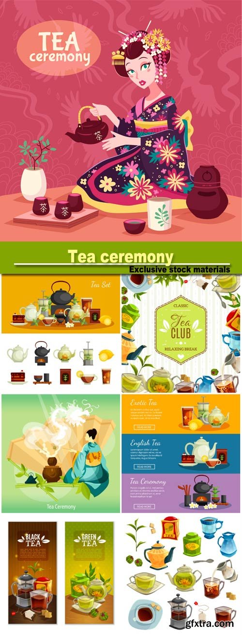 Tea ceremony, black and green tea, exotic tea vector