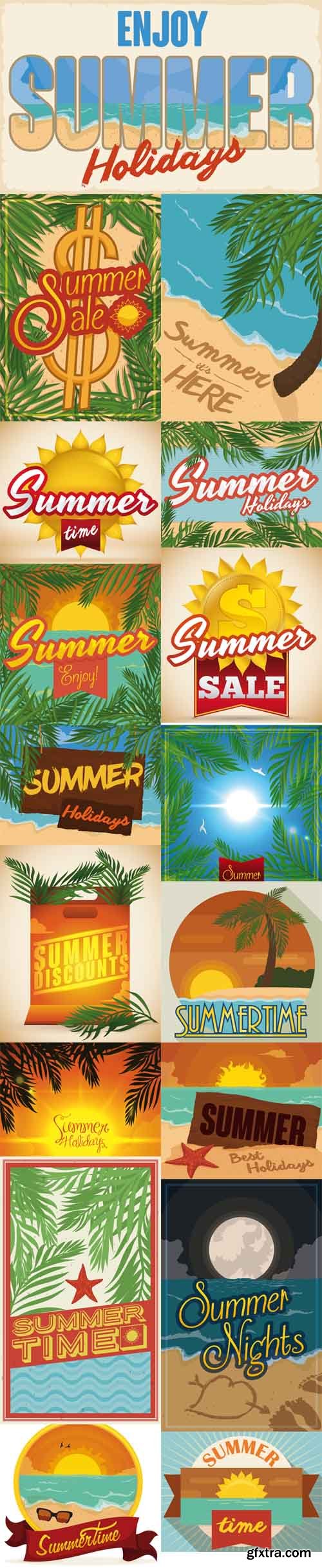 Vector Set - Summertime Banners on Beach and Palm Trees Vector Set - Summertime Banners on Beach and Palm Trees