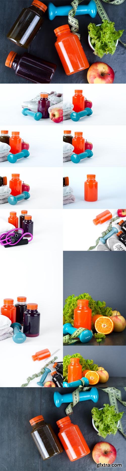Photo Set - Sports Activities and Juice of Bottles Photo Set - Sports Activities and Juice of Bottles
