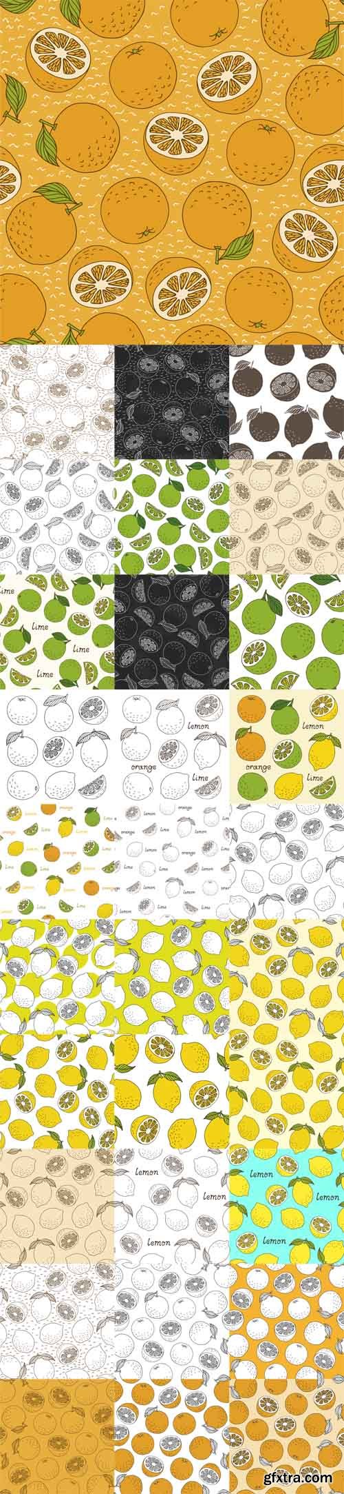 Vector Set - Lemon, Orange and Lime Seamless Patterns Vector Set - Lemon, Orange and Lime Seamless Patterns