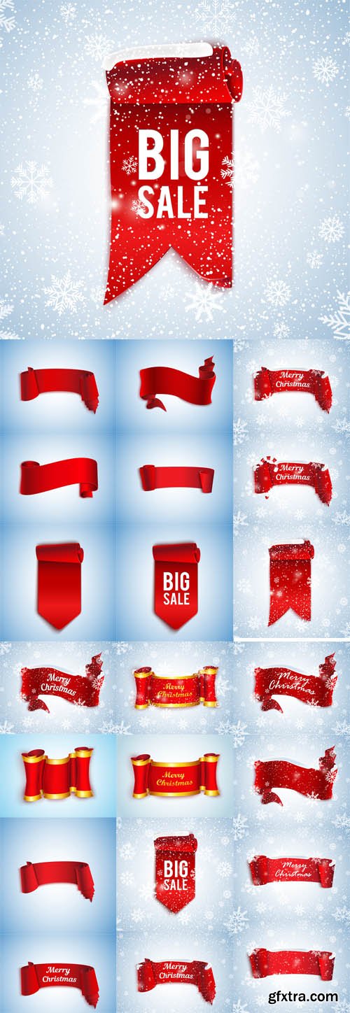 Vector Set - Red Realistic Detailed Curved Paper Merry Christmas Vector Set - Red Realistic Detailed Curved Paper Merry Christmas