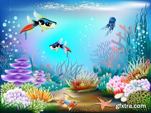 Beautiful underwater world, fish and marine life vector
