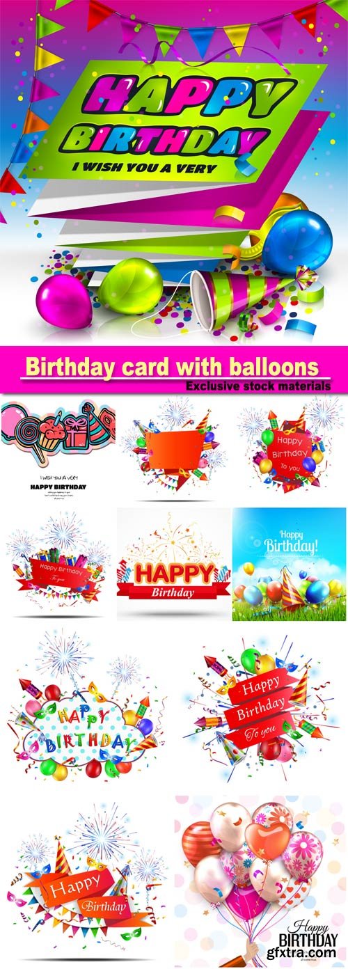 Birthday card with colorful balloons, confetti, stars, ribbon and bow on dotted background