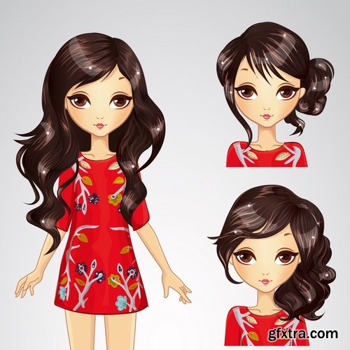 Collection female girl cartoon character in different clothes hairstyle 25 EPS