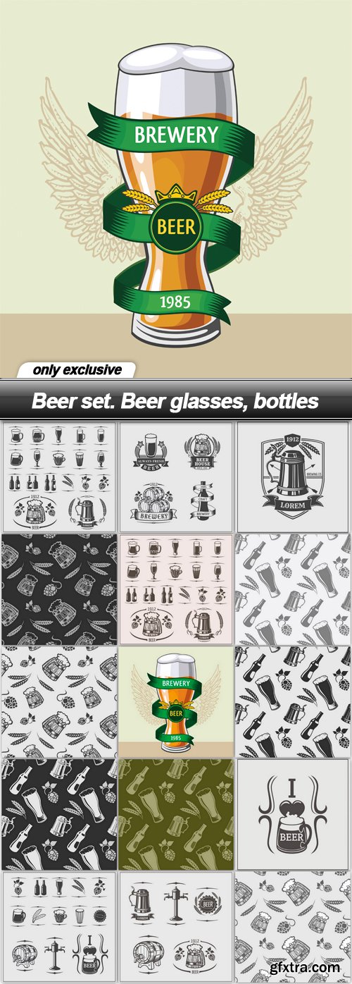 Beer set. Beer glasses, bottles - 15 EPS