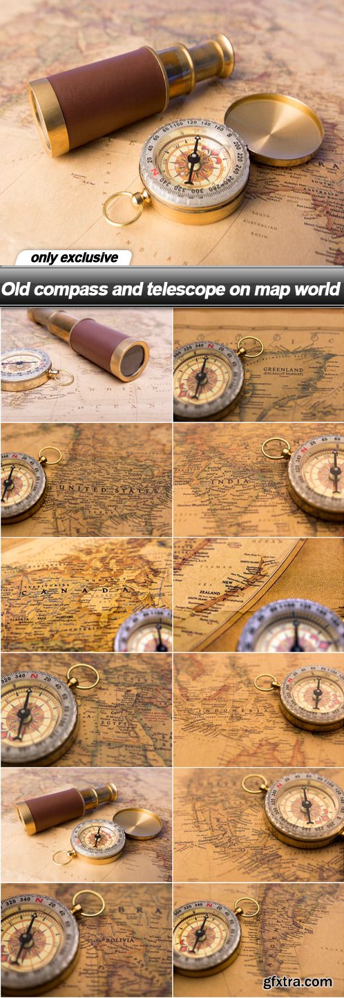 Old compass and telescope on map world - 12 UHQ JPEG