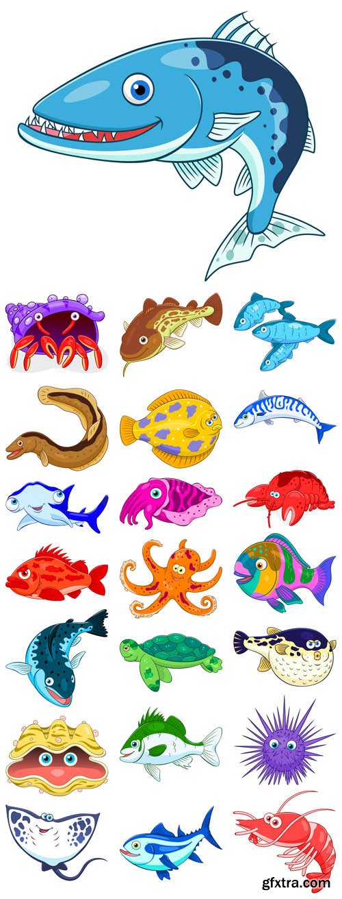 Vector Set - Marine Cartoon Animals Vector Set - Marine Cartoon Animals