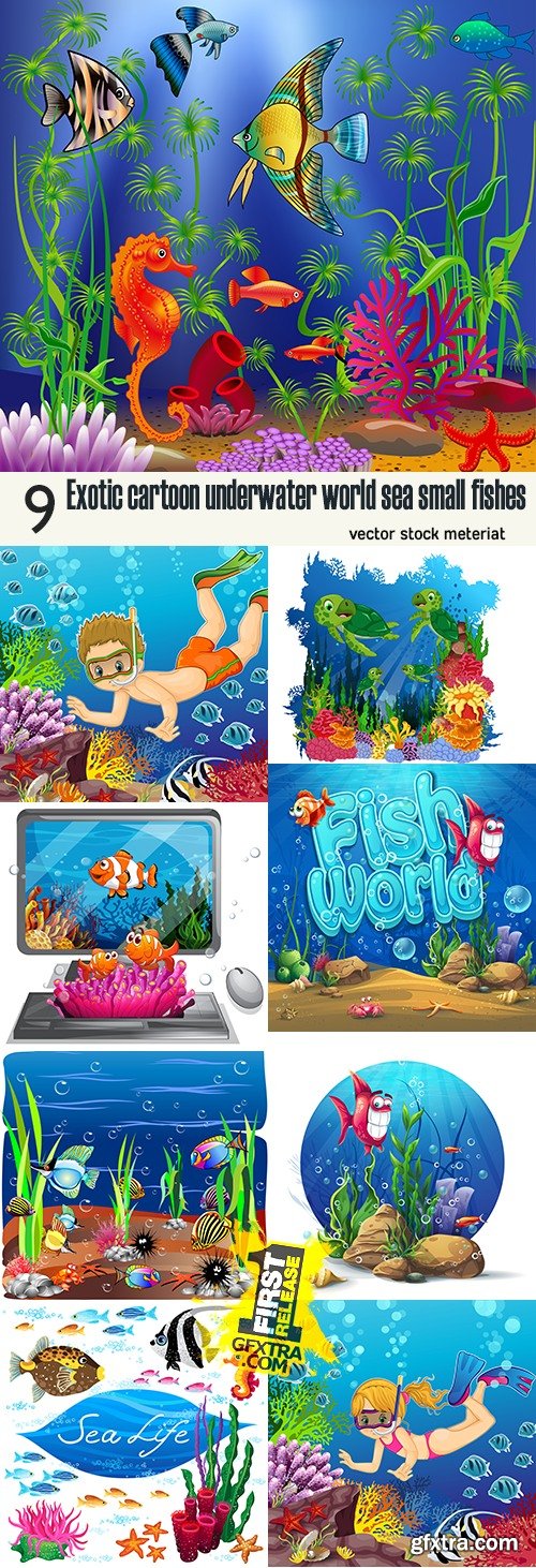 Exotic cartoon underwater world sea small fishes » GFxtra