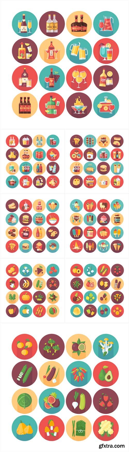 Vector Set - Food and drinks. Flat circle icons with long shadow