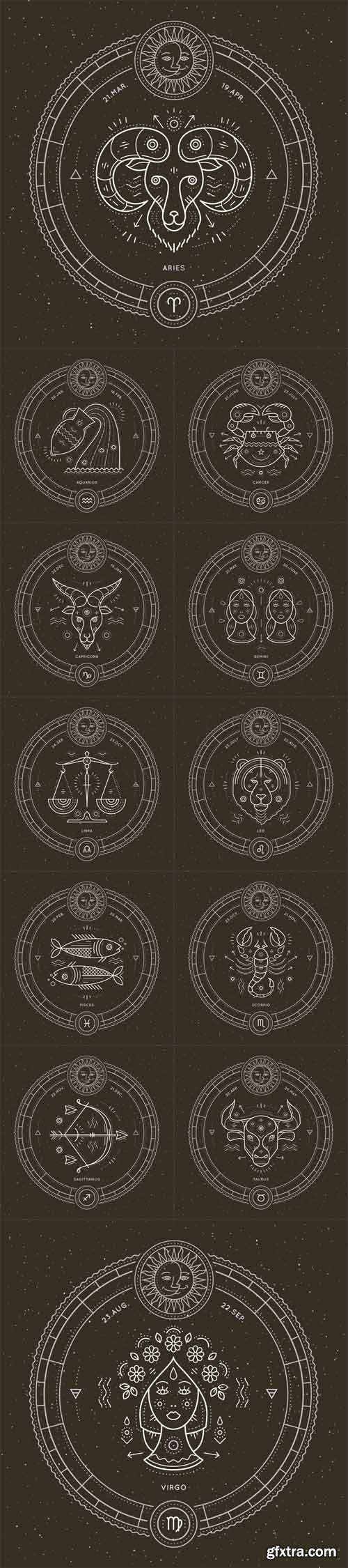 Vector Set - Vintage thin line zodiac signs label