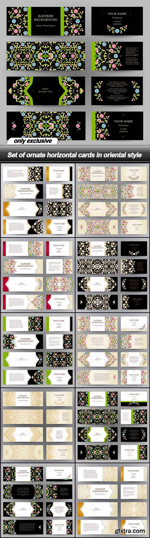 Set of ornate horizontal cards in oriental style - 11 EPS