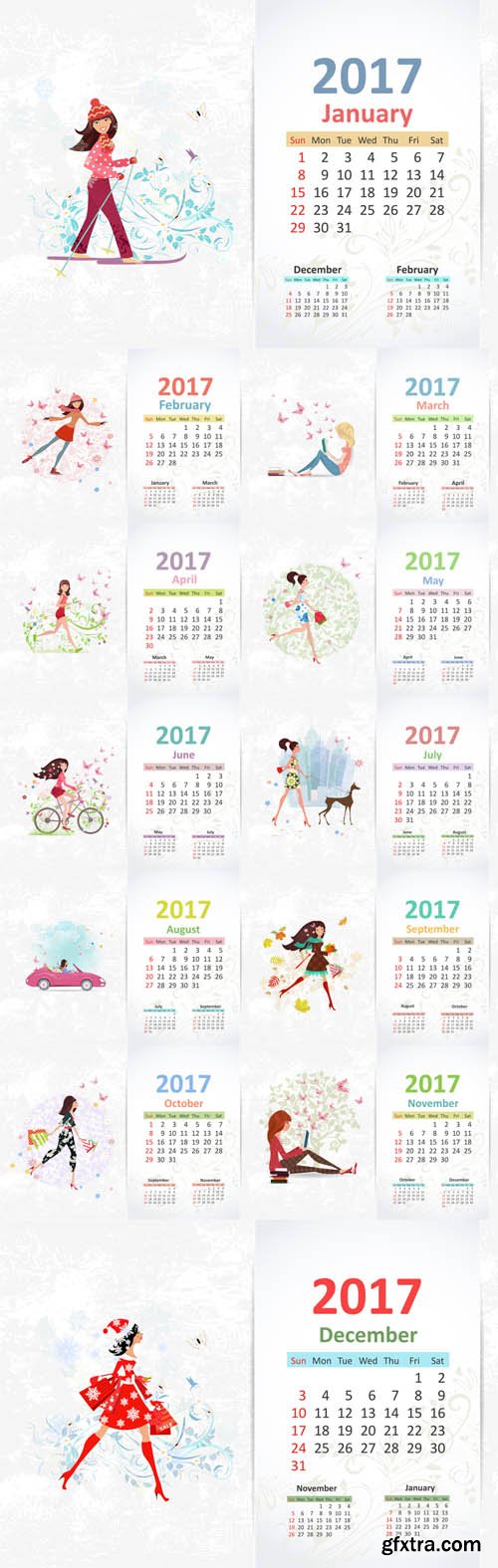 Vector Set - Calendar 2017 with Nice Young Woman Vector Set - Calendar 2017 with Nice Young Woman