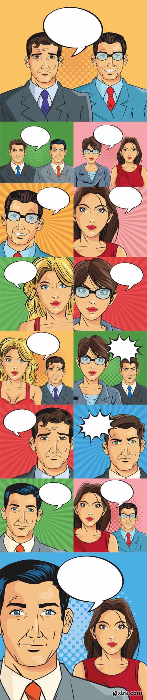Vector Set - Woman and Businessman with Speach Bubble Pop Art Comic Retro