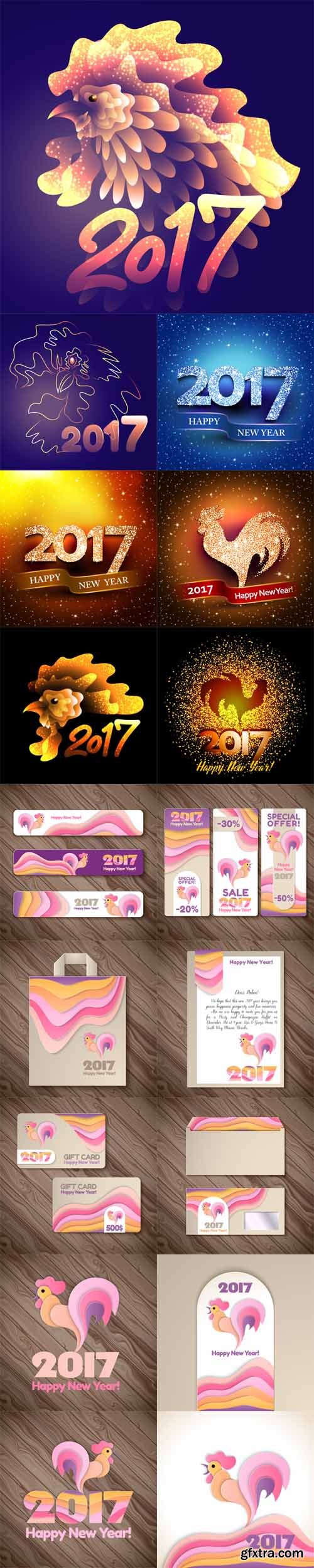 Vector Set - Happy New Year with Rooster Symbol of 2017