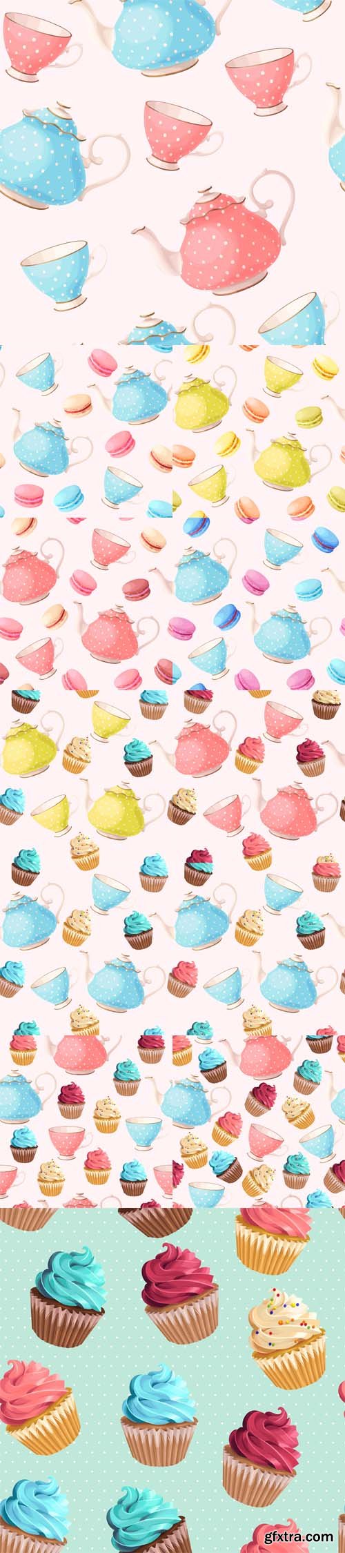 Vector Set - Seamless Teacups and Cupcakes Vector Set - Seamless Teacups and Cupcakes
