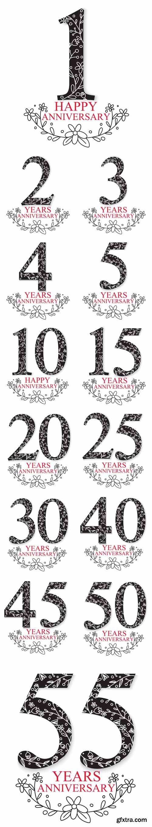 Vector Set - Anniversary Celebration Design with Decorative Floral Elements Vector Set - Anniversary Celebration Design with Decorative Floral Elements