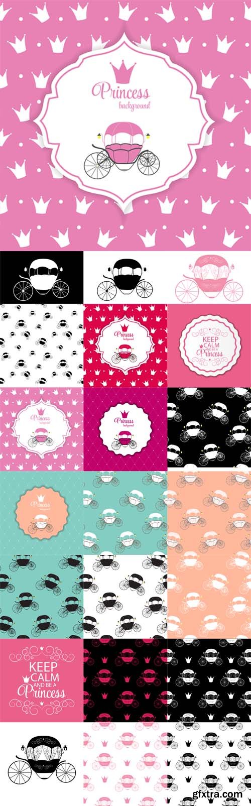 Vector Set - Cinderella Fairytale Carriage and Seamless Patterns Vector Set - Cinderella Fairytale Carriage and Seamless Patterns