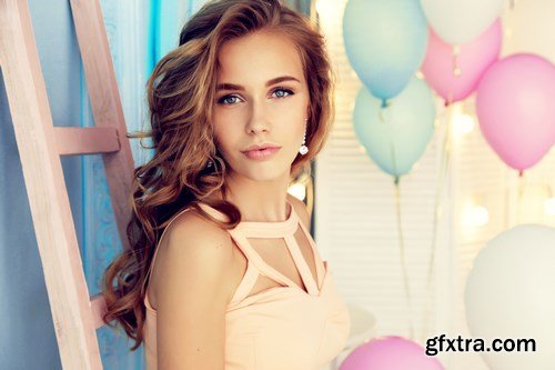 Beautiful Romantic Young Girl & Air Balloons - 19xUHQ JPEG