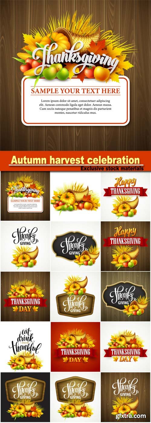 Thanksgiving Cornucopia Full of Harvest Fruits and Vegetables 15xEPS