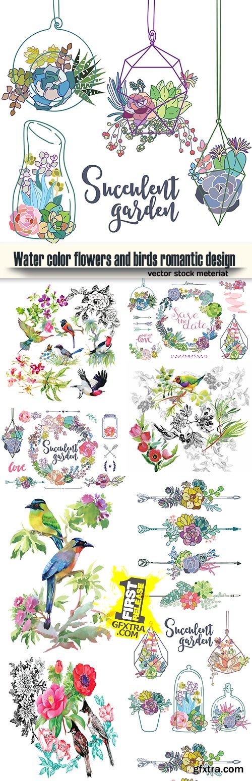 Water color flowers and birds romantic design