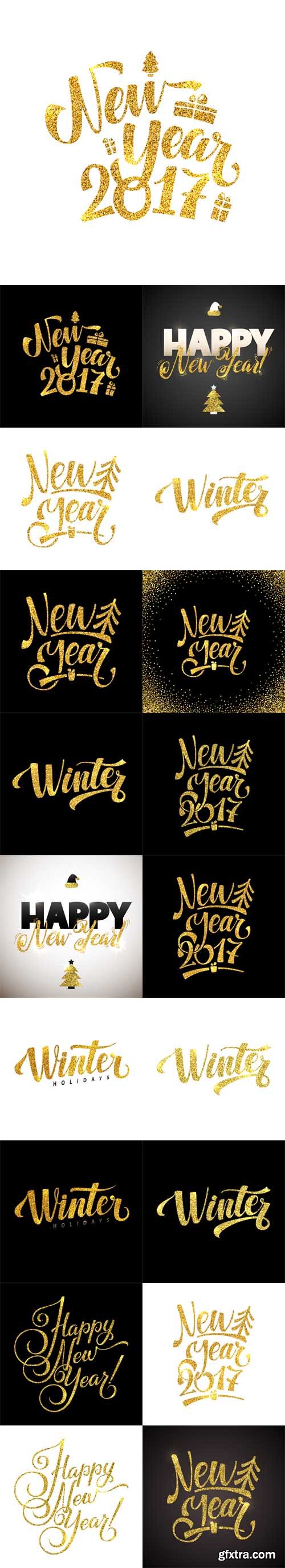 Vector Set - Golden Shiny Glitter. Calligraphy Greeting Poster Tamplate