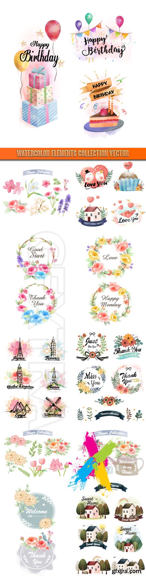 Watercolor elements collection vector