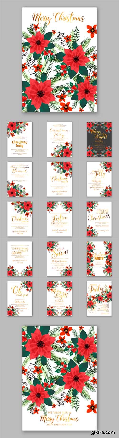 Vector Set - Merry Christmas Party Invitations with Winter Wreath Vector Set - Merry Christmas Party Invitations with Winter Wreath