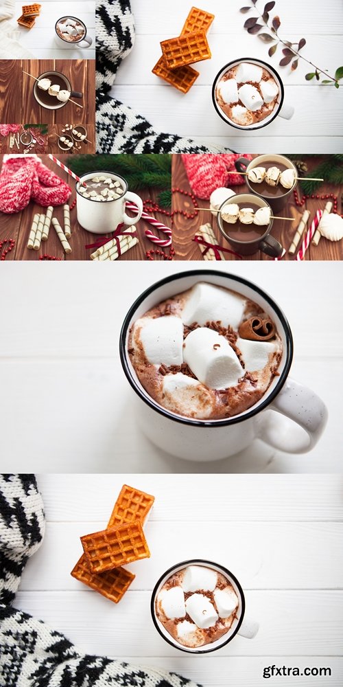 Cup hot chocolate with marshmallows in a ceramic cup