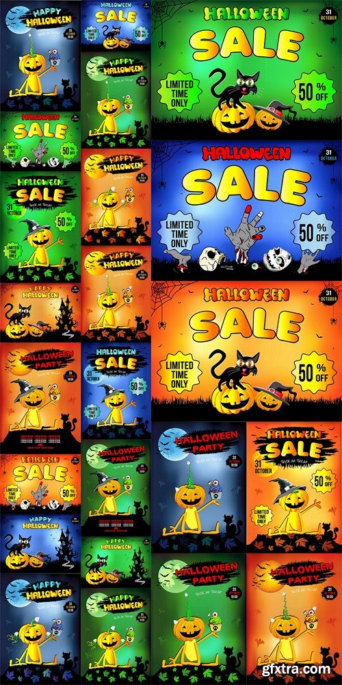 Halloween, funny cat sitting on a pumpkin, sale of goods, discount, illustration, poster, orange background