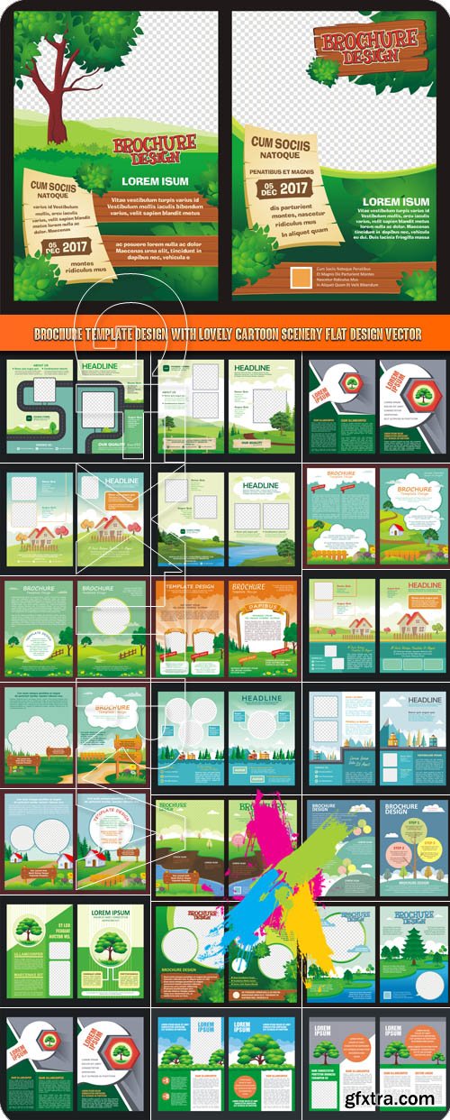 Brochure Template Design With Lovely cartoon scenery flat design vector