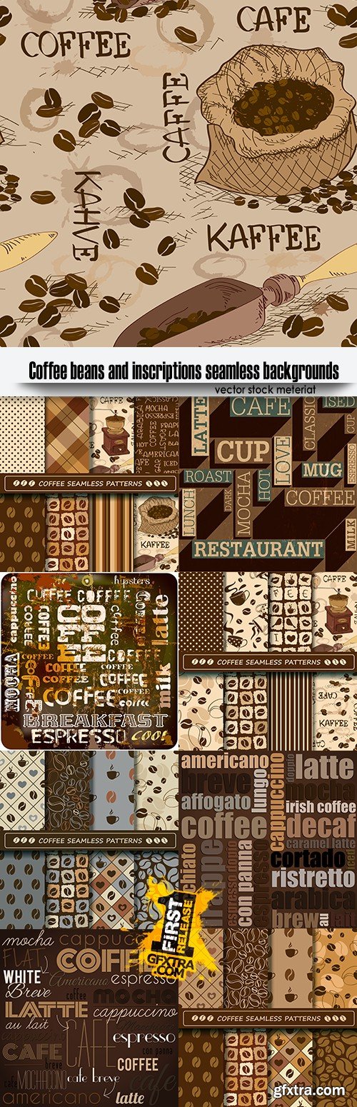Coffee beans and inscriptions seamless backgrounds