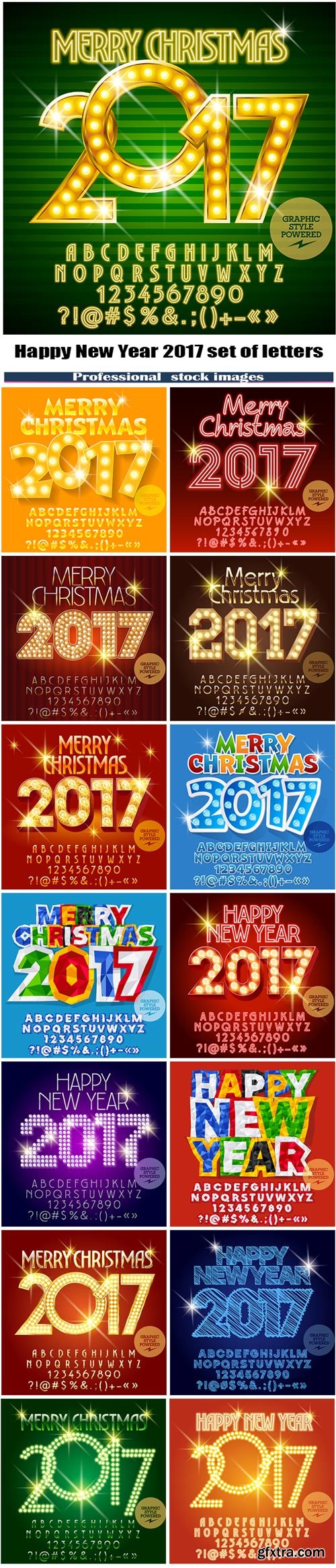 Happy New Year 2017 greeting card with set of letters, symbols and numbers