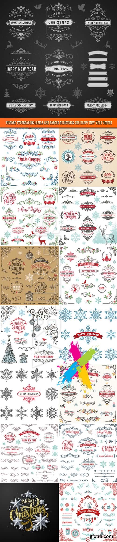 Vintage typographic labels and badges Christmas and Happy New Year vector