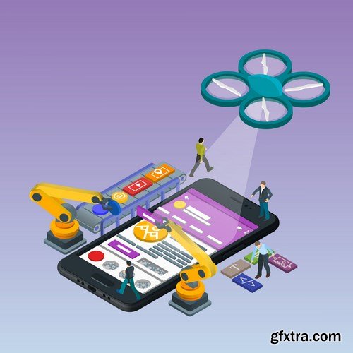 Developing Mobile Applications Flat 3D Isometric Style - 14xEPS