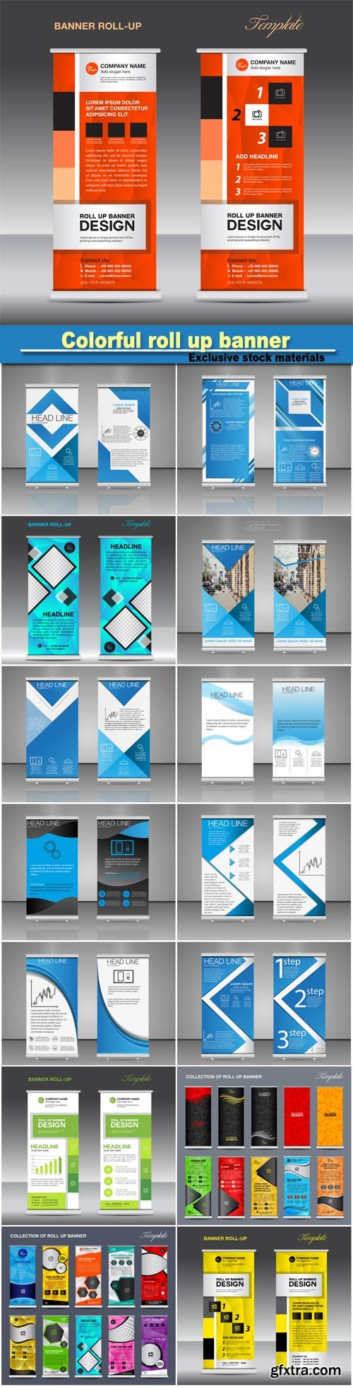 Collection of colorful roll up banner design stand template
