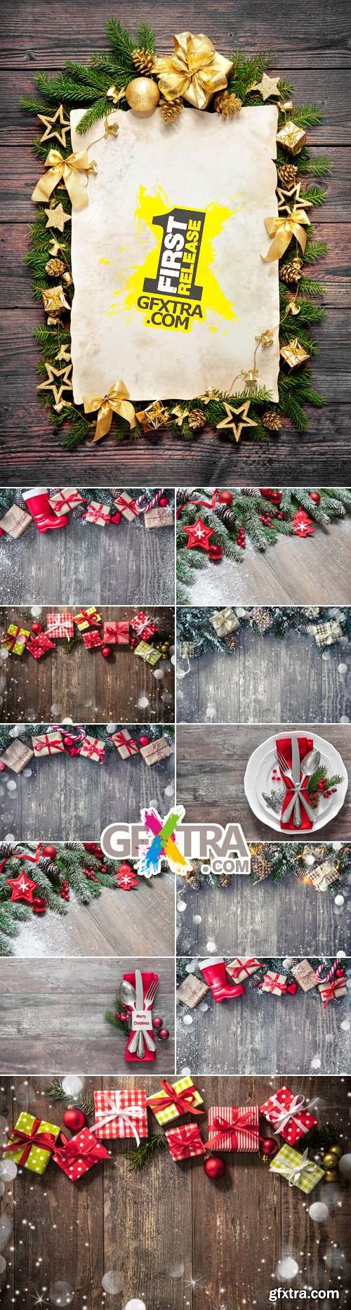 Stock Photo - Christmas Decorations on Wooden Background 12