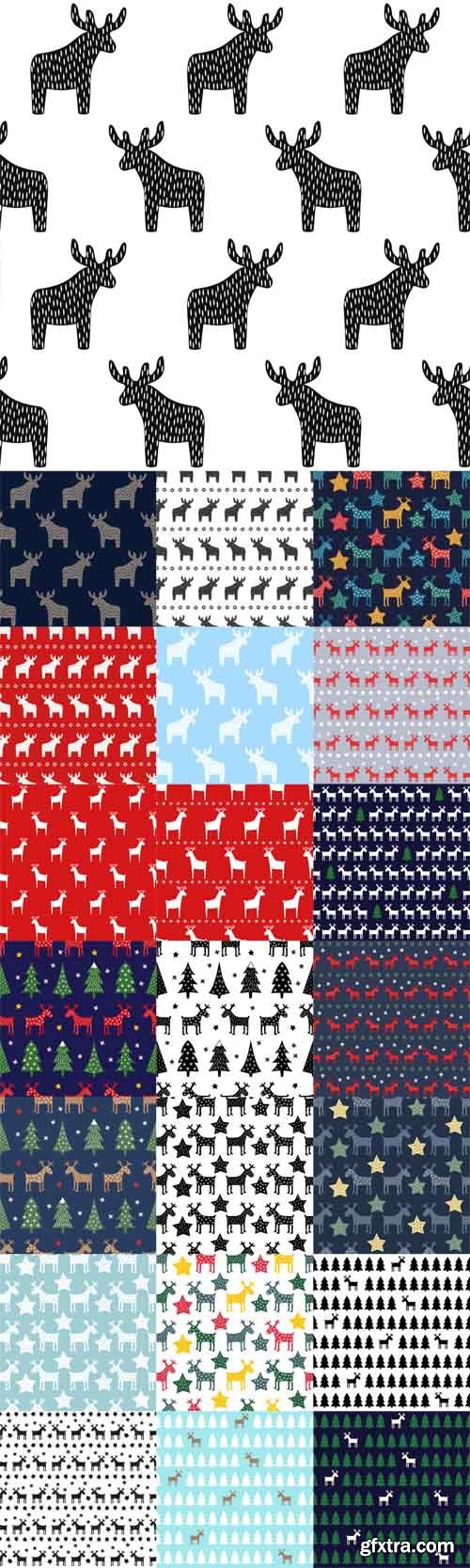 Vector Set - Seamless retro Christmas pattern - Deers, Snowflakes, Trees Vector Set - Seamless retro Christmas pattern - Deers, Snowflakes, Trees