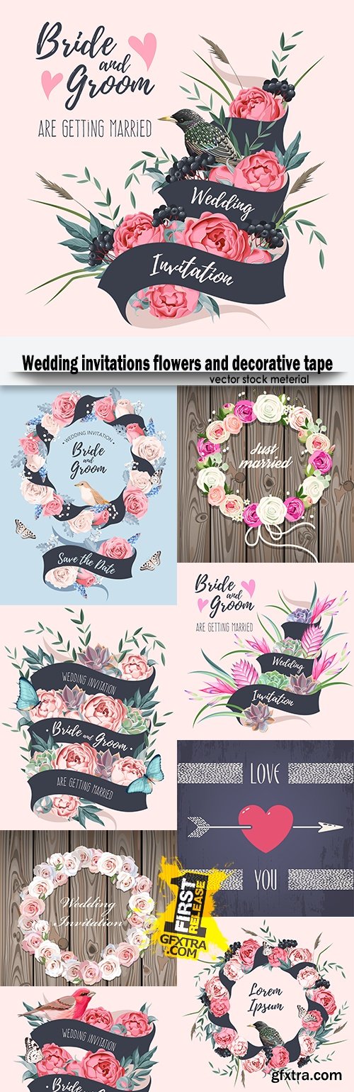 Wedding invitations flowers and decorative tape