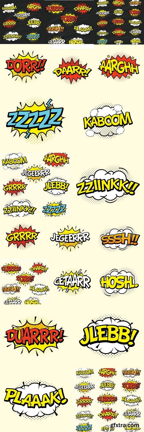 Comic sound effects set isolated in cartoon vector style. Sound bubble speech with word and comic cartoon expression sounds illustratio