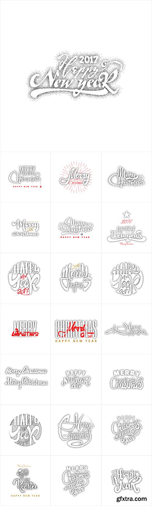 Vector Set - Merry Christmas and Happy New Year 2017, Hand Drawn Dotwork