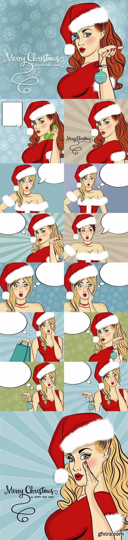Vector Set - Pop art Santa girl. Pin up Santa girl. Santa Girl with Speech Bubbles