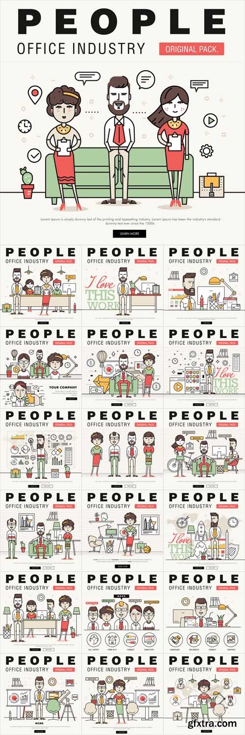 Vector Set - Modern Office People Industry. Thin Line Business Day Concept
