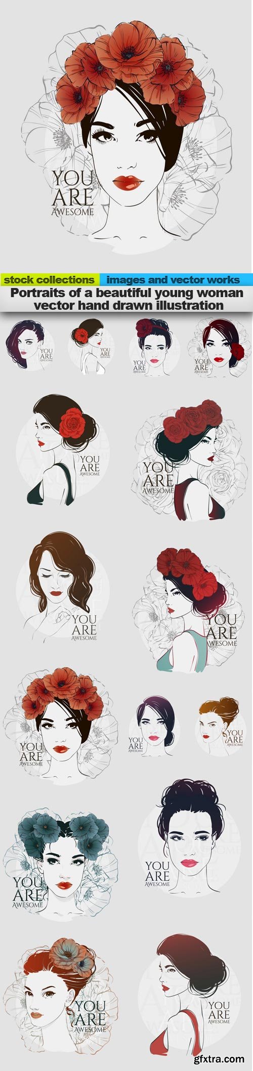 Portraits of a beautiful young woman vector hand drawn illustration, 15 x EPS