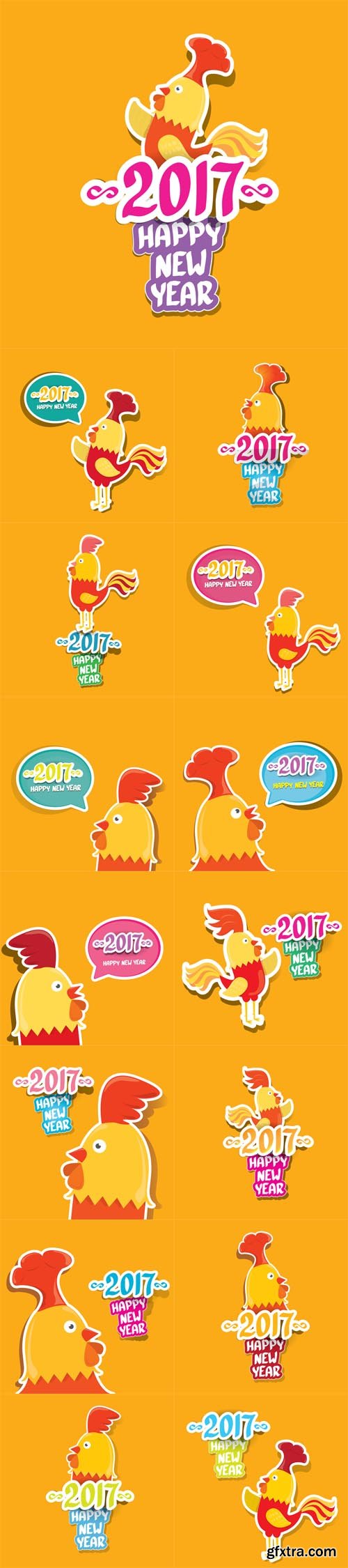 Vector Set - New Year 2017 with Cartoon Funny Rooster 2 Vector Set - New Year 2017 with Cartoon Funny Rooster 2